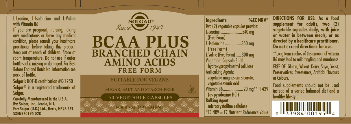 Solgar® BCAA Plus Vegetable Capsules - Pack of 50 - Greenlands Health Store
