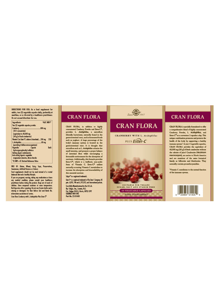 Solgar® Cran Flora Cranberry Vegetable Capsules - Pack of 60 - Greenlands Health Store