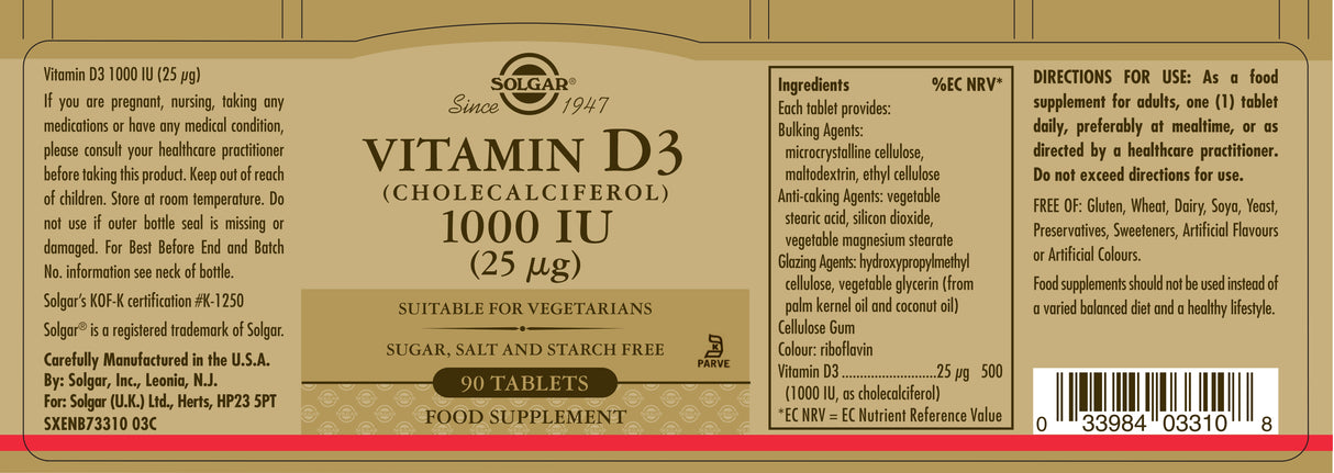 Solgar® Vitamin D3 (Cholecalciferol) 1000 IU (25 µg) Tablets - Greenlands Health Store