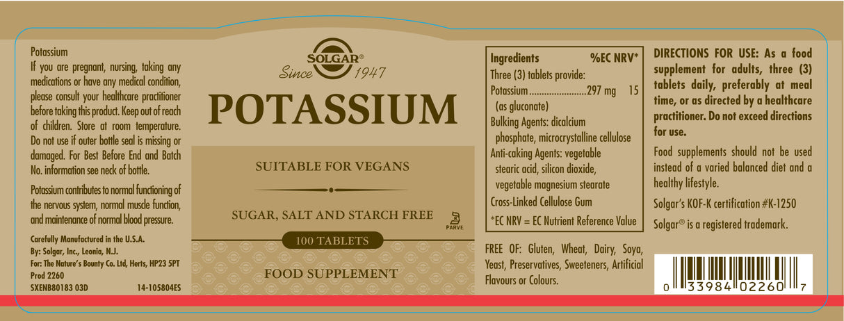Solgar® Potassium Tablets - Pack of 100 - Greenlands Health Store