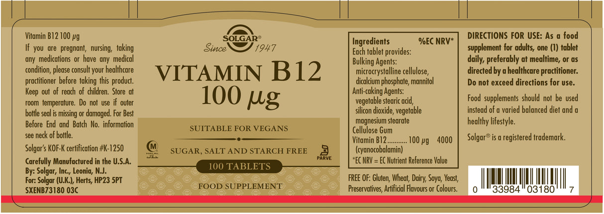 Solgar® Vitamin B12 100 µg Tablets - Pack of 100 - Greenlands Health Store