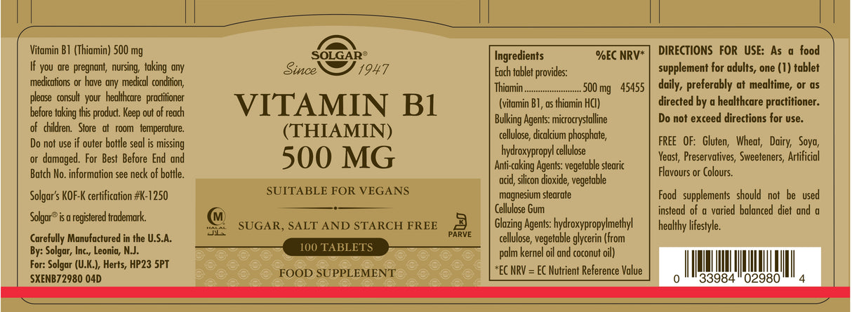 Solgar® Vitamin B1 (Thiamin) 500 mg Tablets - Pack of 100 - Greenlands Health Store