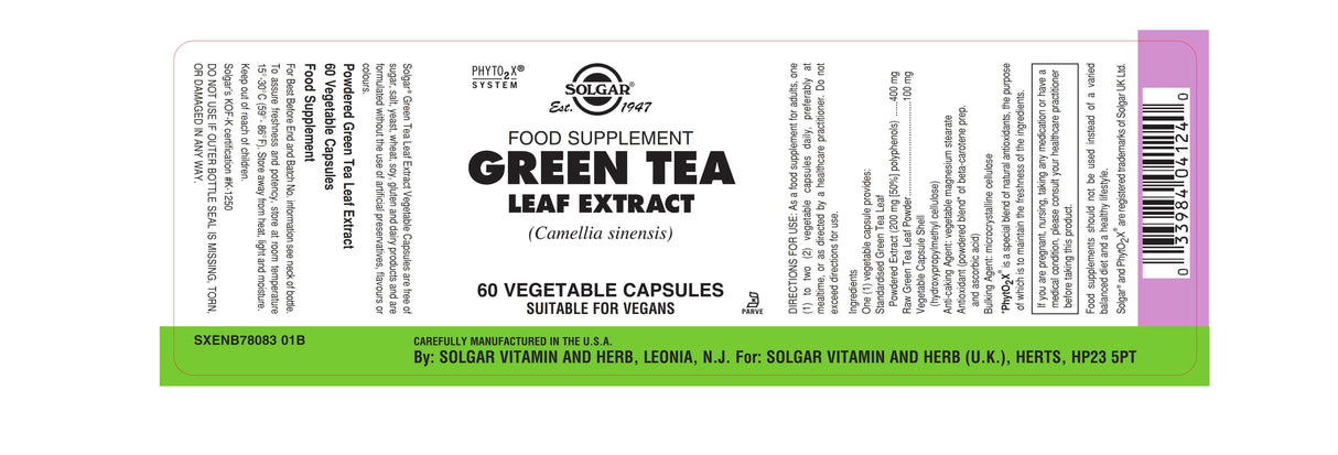 Solgar® Green Tea Leaf Extract Vegetable Capsules - Pack of 60 - Greenlands Health Store