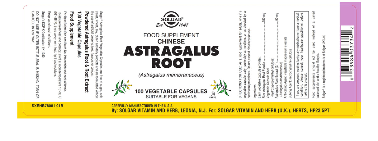 Solgar® Chinese Astragalus Root Vegetable Capsules - Pack of 100 - Greenlands Health Store