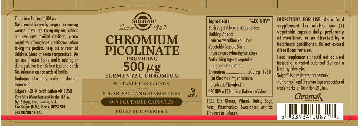 Solgar® Chromium Picolinate 500 µg Vegetable Capsules - Pack of 60 - Greenlands Health Store
