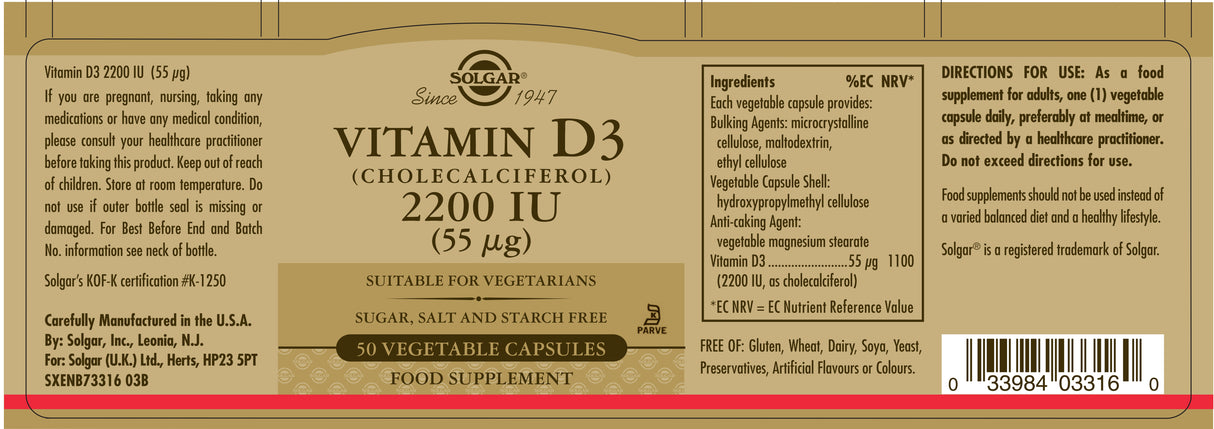 Solgar® Vitamin D3 (Cholecalciferol) 2200 IU (55 µg) Vegetable Capsules - Greenlands Health Store
