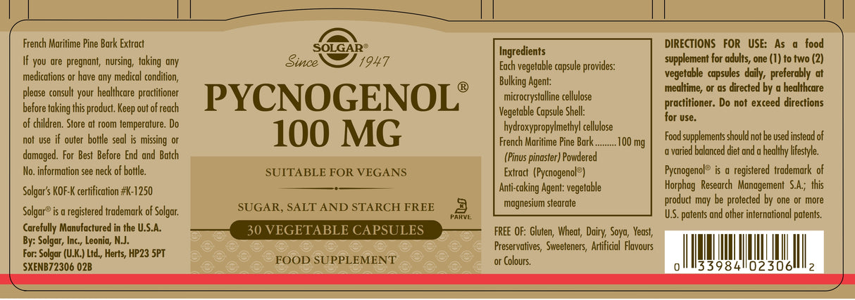 Solgar® Pycnogenol 100 mg Vegetable Capsules - Pack of 30 - Greenlands Health Store