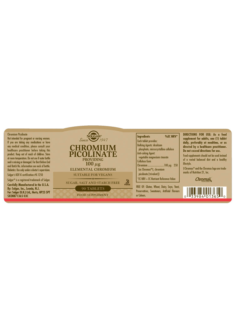 Solgar® Chromium Picolinate 100 µg Tablets - Pack of 90 - Greenlands Health Store