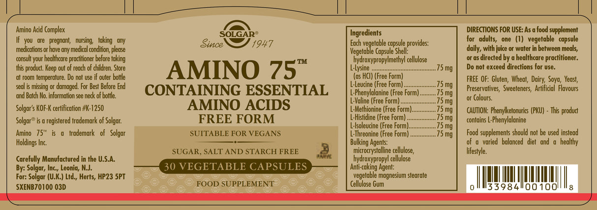 Solgar® Amino 75 Capsules - Essential Plant-Based Aminos - Greenlands Health Store