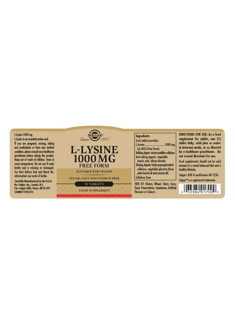 Solgar® L-Lysine 1000 mg Tablets - Greenlands Health Store