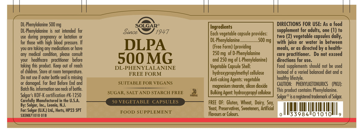 Solgar® DLPA 500 mg (DL-Phenylalanine) Vegetable Capsules - Pack of 50 - Greenlands Health Store
