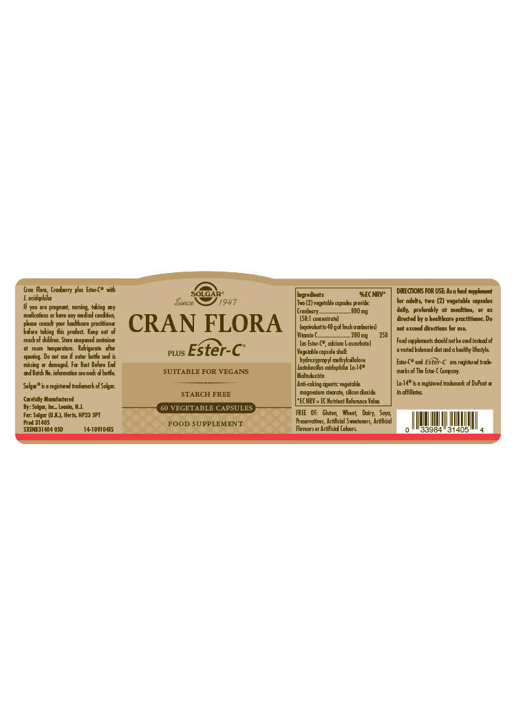 Solgar® Cran Flora Cranberry Vegetable Capsules - Pack of 60 - Greenlands Health Store