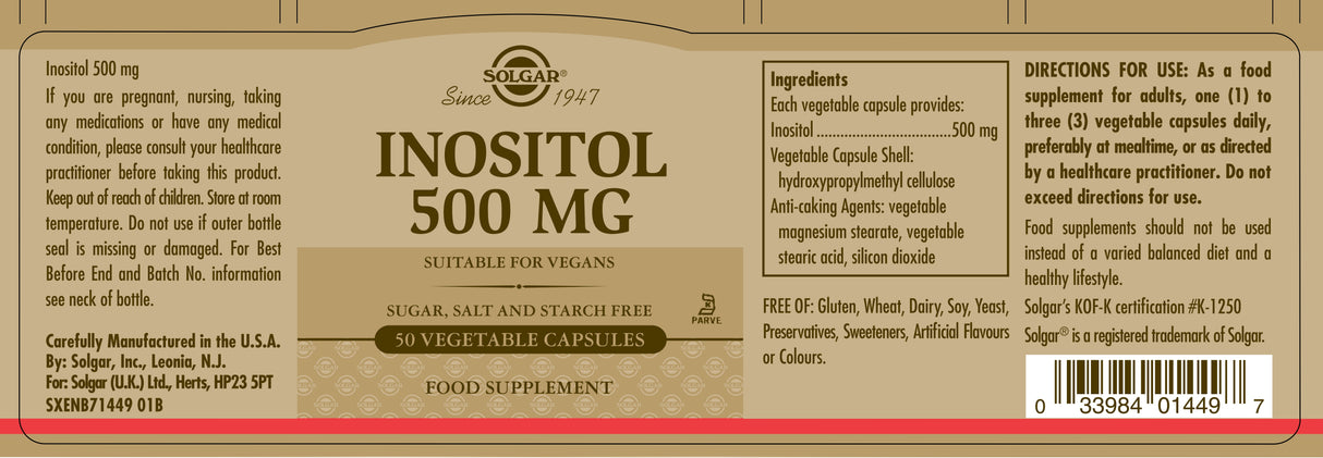 Solgar® Inositol 500 mg Vegetable Capsules - Pack of 50 - Greenlands Health Store