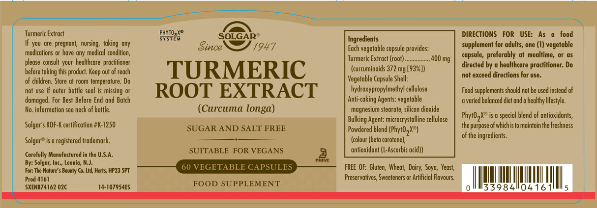 Solgar® Turmeric Root Extract Vegetable Capsules - Pack of 60 - Greenlands Health Store